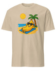 Front view of Beach Banana T-shirt fun design with a banana enjoying the beach vibes. Perfect for summer and fruit lovers. Unisex fit.