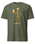 Model wearing Beer Skeleton T-shirt casual edgy look with dark party vibes.