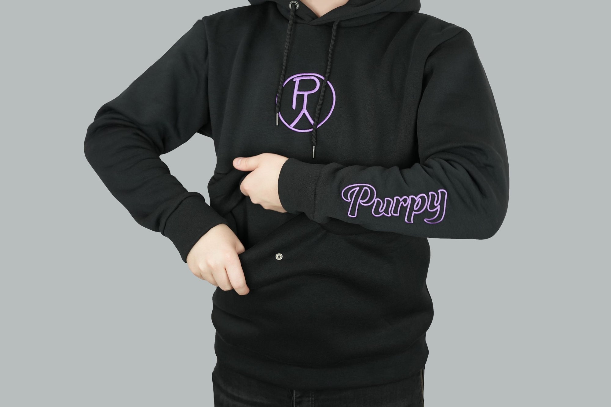 Hoodie black with purple very comfortable and for every day, for everyone. unisex sweater with big pocket. Purpy Design On Earth