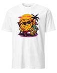 Front view of Cheese on the Beach T-shirt quirky design with cheese on a sunny beach. Perfect for cheese lovers and summer vibes. Unisex fit.