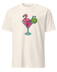 Close-up of flamingo in cocktail design colorful and quirky tropical print with playful summer energy.