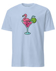 Front view of Cocktail Flamingo T-shirt fun tropical design with flamingo in a cocktail glass. Perfect for summer vibes. Unisex fit.