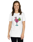 Model wearing Cocktail Flamingo T-shirt vibrant summer shirt with tropical flamingo drink design. Unisex and casual.