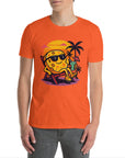 Model draagt Kaas op het Strand T-shirt speelse zomerse streetwear voor kaasliefhebbers. Comfortabel unisex model.