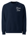 Model wearing navy organic cotton sweatshirt with embroidered logo
