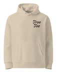 Model wearing Organic Cotton Embroidered Logo Hoodie in Light Color Unisex Sustainable Streetwear