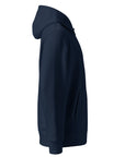 Side view of model wearing Organic Cotton Embroidered Logo Hoodie in Navy men