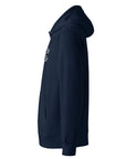 Side view of model wearing Organic Cotton Embroidered Logo Hoodie in Navy woman