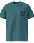 Front view of green organic cotton T-shirt with embroidered chest logo