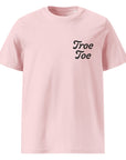 Model wearing pink organic cotton T-shirt with embroidered logo front view