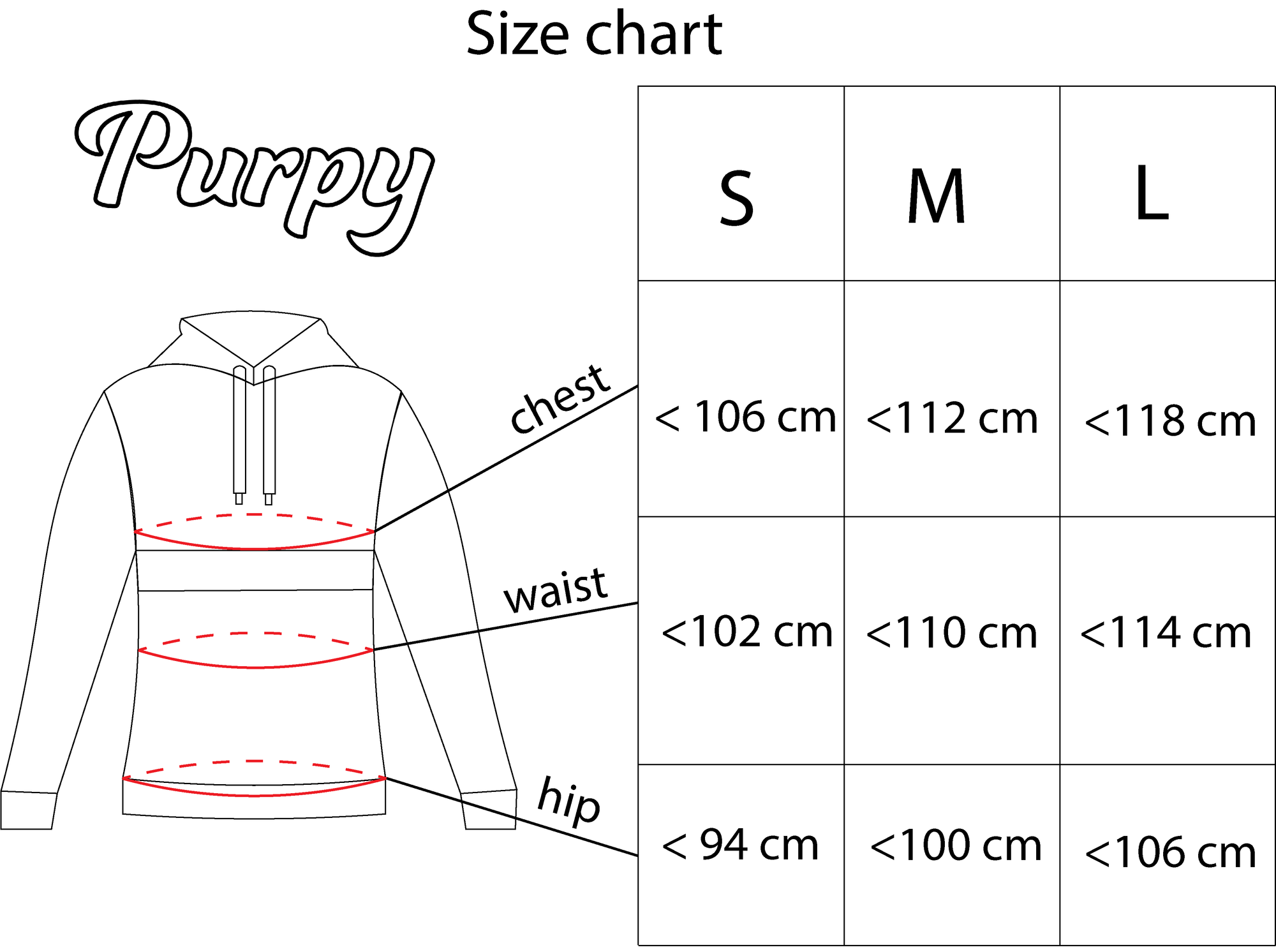 Size chart to calculate your size for the oversized Purpy hoodie.