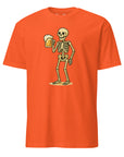 Edgy skeleton and beer T-shirt worn by model great for parties, festivals, or alternative style lovers.