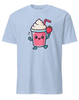 Front view of Strawberry Smoothie T-shirt cute and fruity design with smiling strawberry in a smoothie cup. Fun summer tee. Unisex fit.