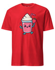 Model wearing Strawberry Smoothie T-shirt colorful and fun design for fruit fans and summer lovers.