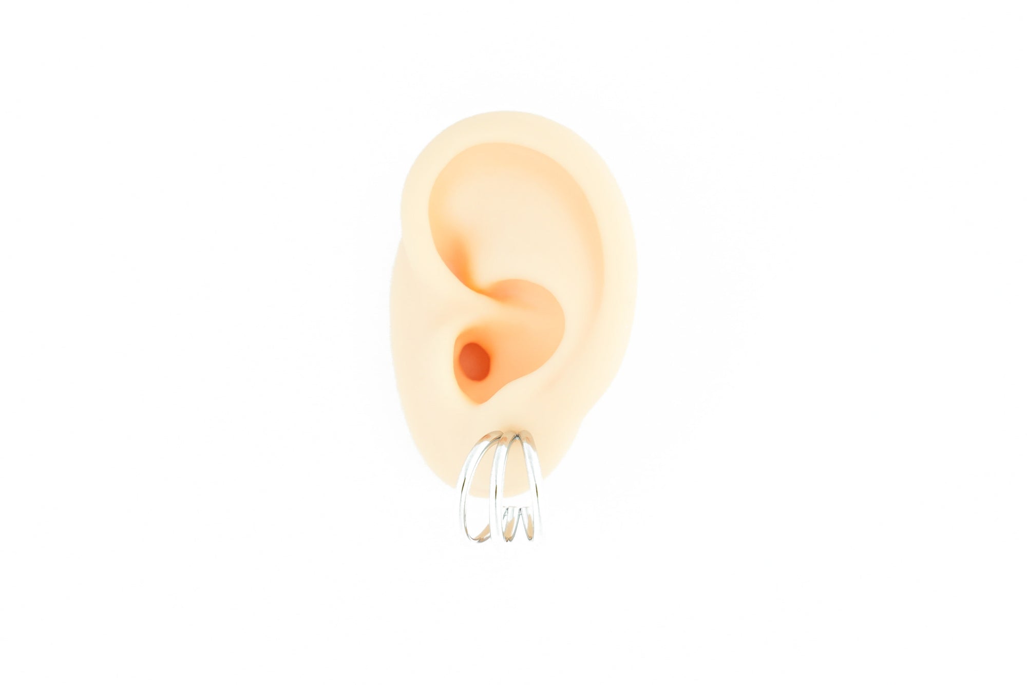 elegant silver three rings earrings, in ear on a white backgroud