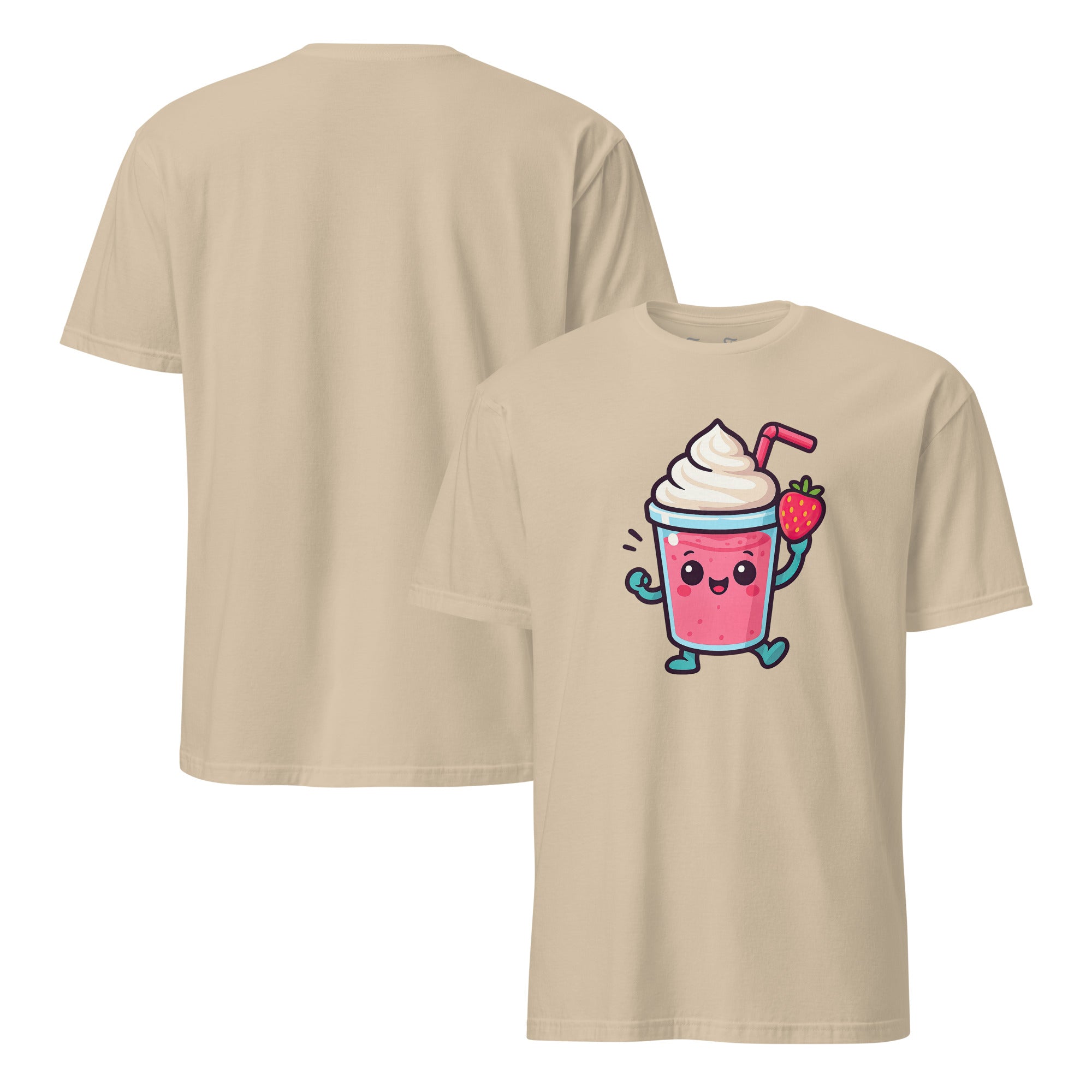 Vooraanzicht van Aardbei Smoothie T-shirt schattig en fruitig ontwerp met lachende aardbei in een smoothiebeker. Leuk zomers shirt. Unisex model.