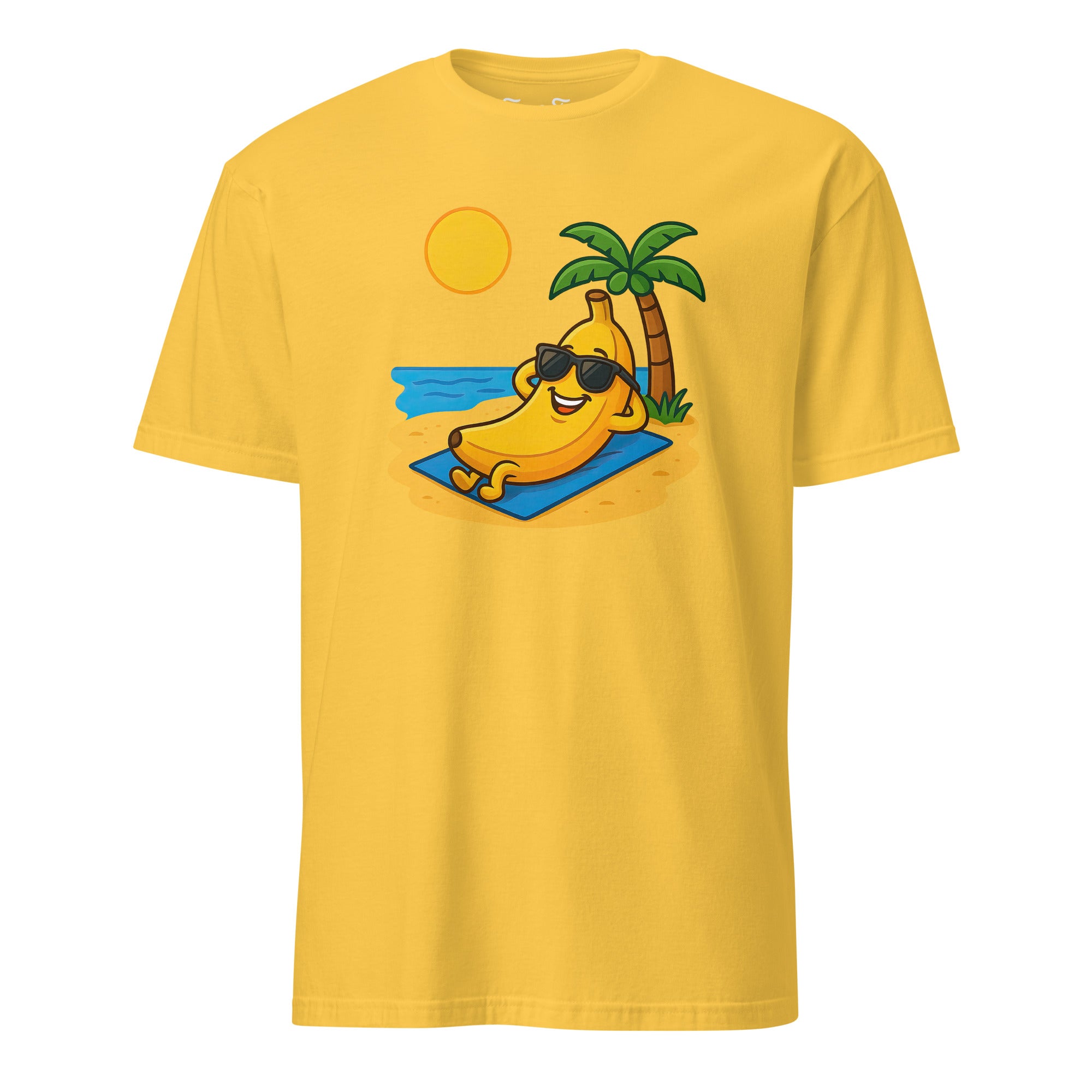 Close-up of banana on the beach print detailed and playful summer fruit design.