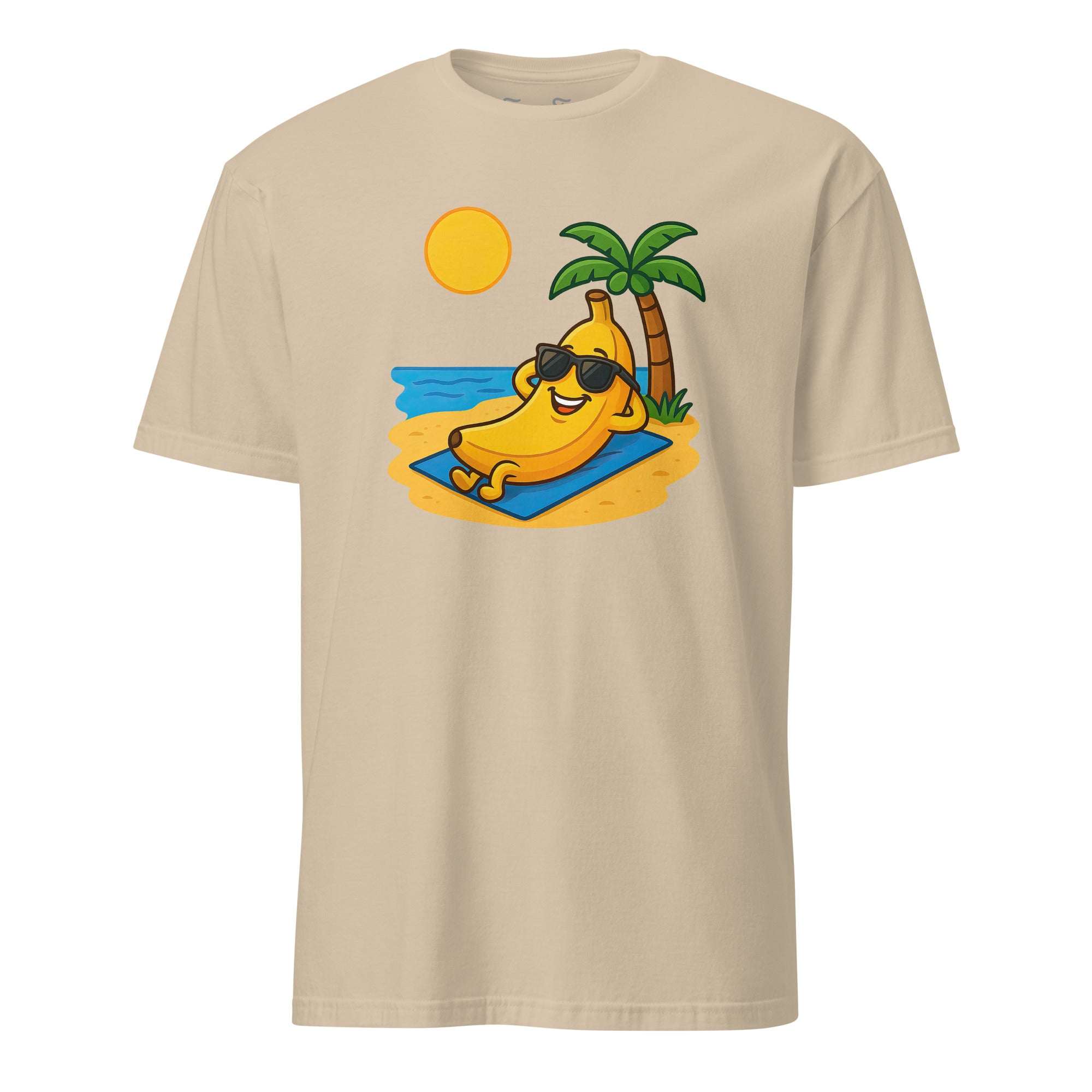 Front view of Beach Banana T-shirt fun design with a banana enjoying the beach vibes. Perfect for summer and fruit lovers. Unisex fit.
