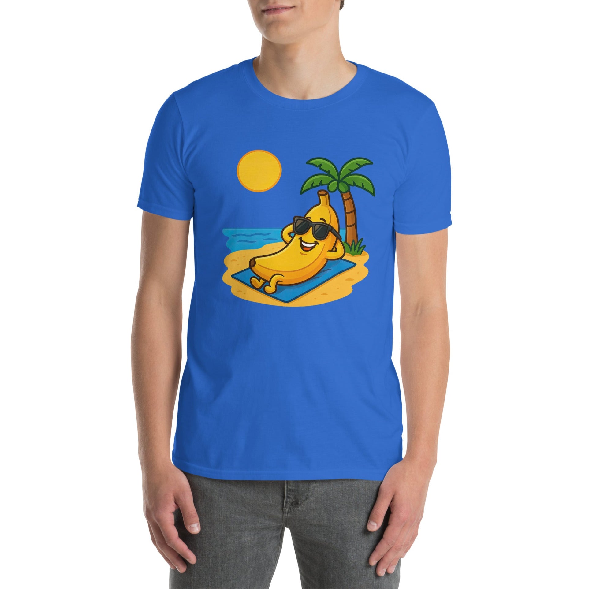 Model wearing Beach Banana T-shirt stylish and fun summer streetwear for fruit lovers. Comfortable unisex fit.