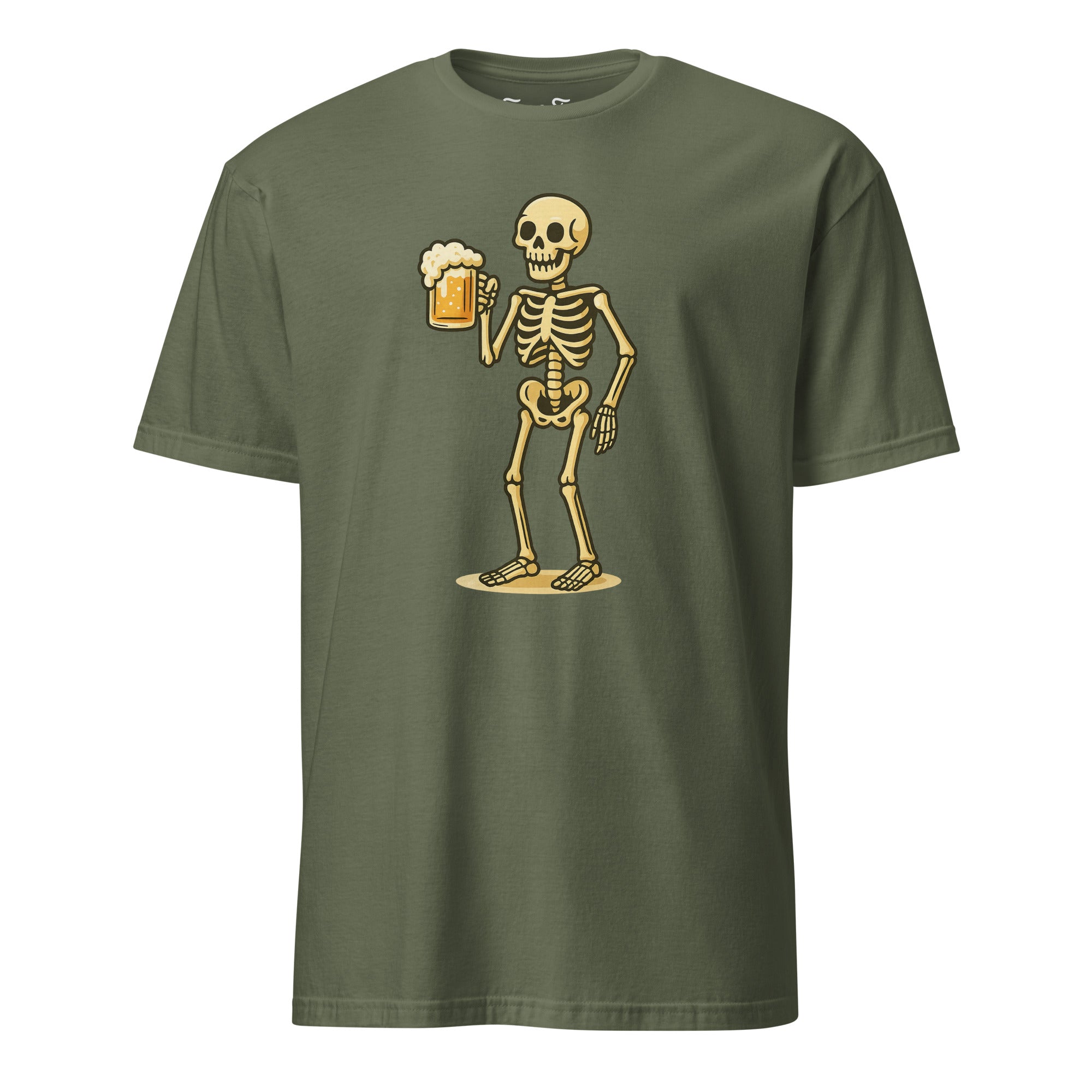 Model wearing Beer Skeleton T-shirt casual edgy look with dark party vibes.