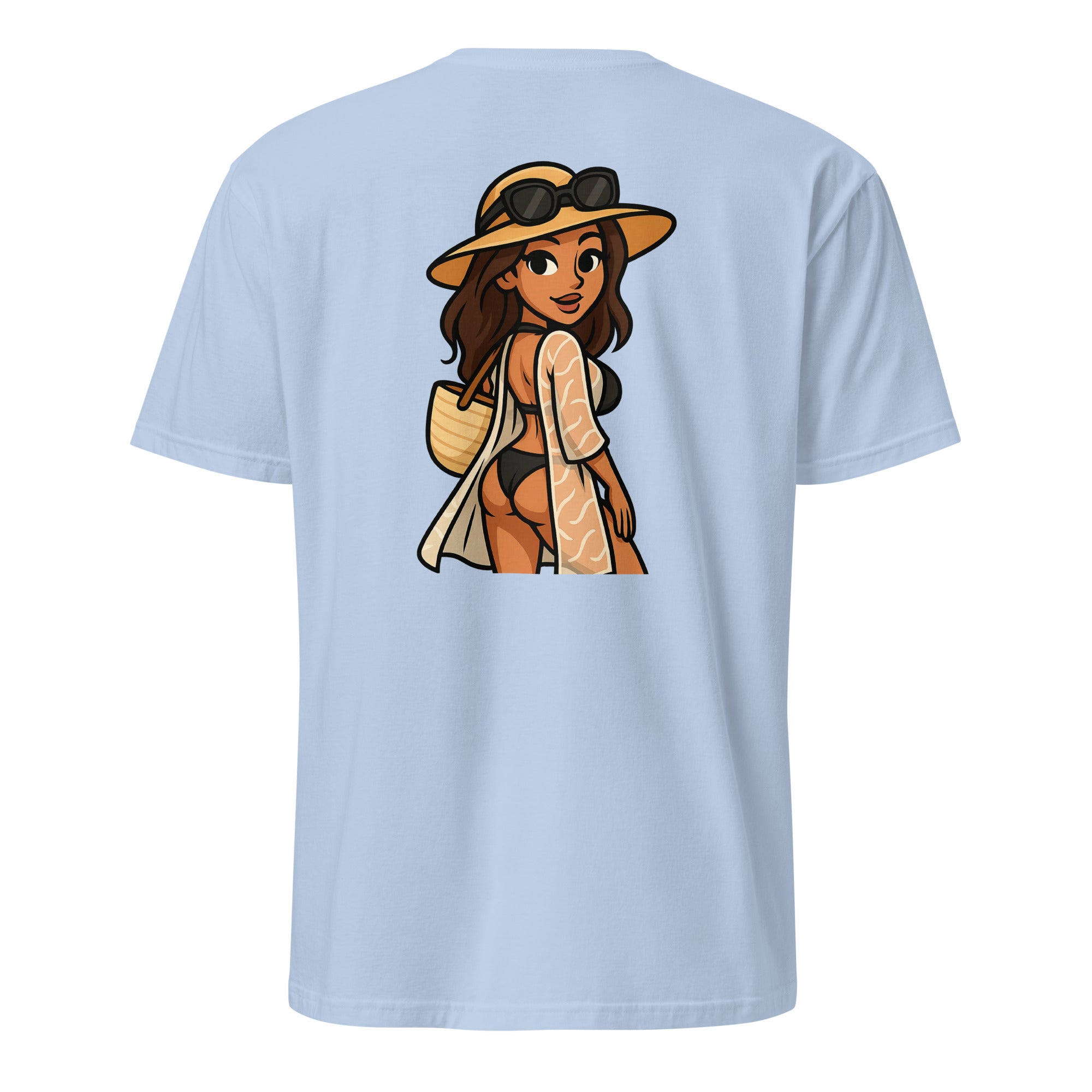 Bikini Vrouw T-shirt opvallend en speels ontwerp met een vrouw in bikini. Zomerse uitstraling. Unisex model.