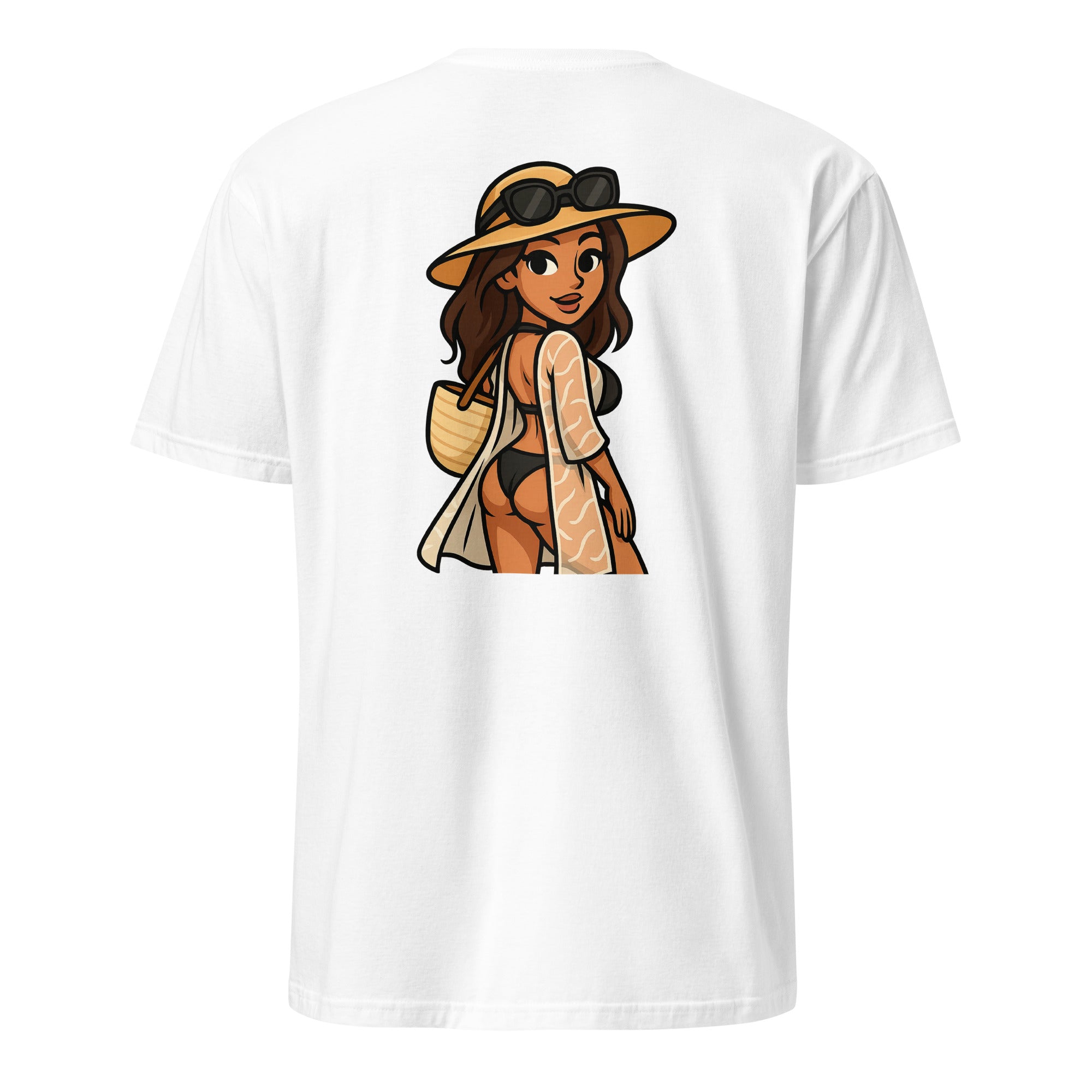 bikini woman print colorful and cheeky cartoon style design. Great for summer and beach lovers.