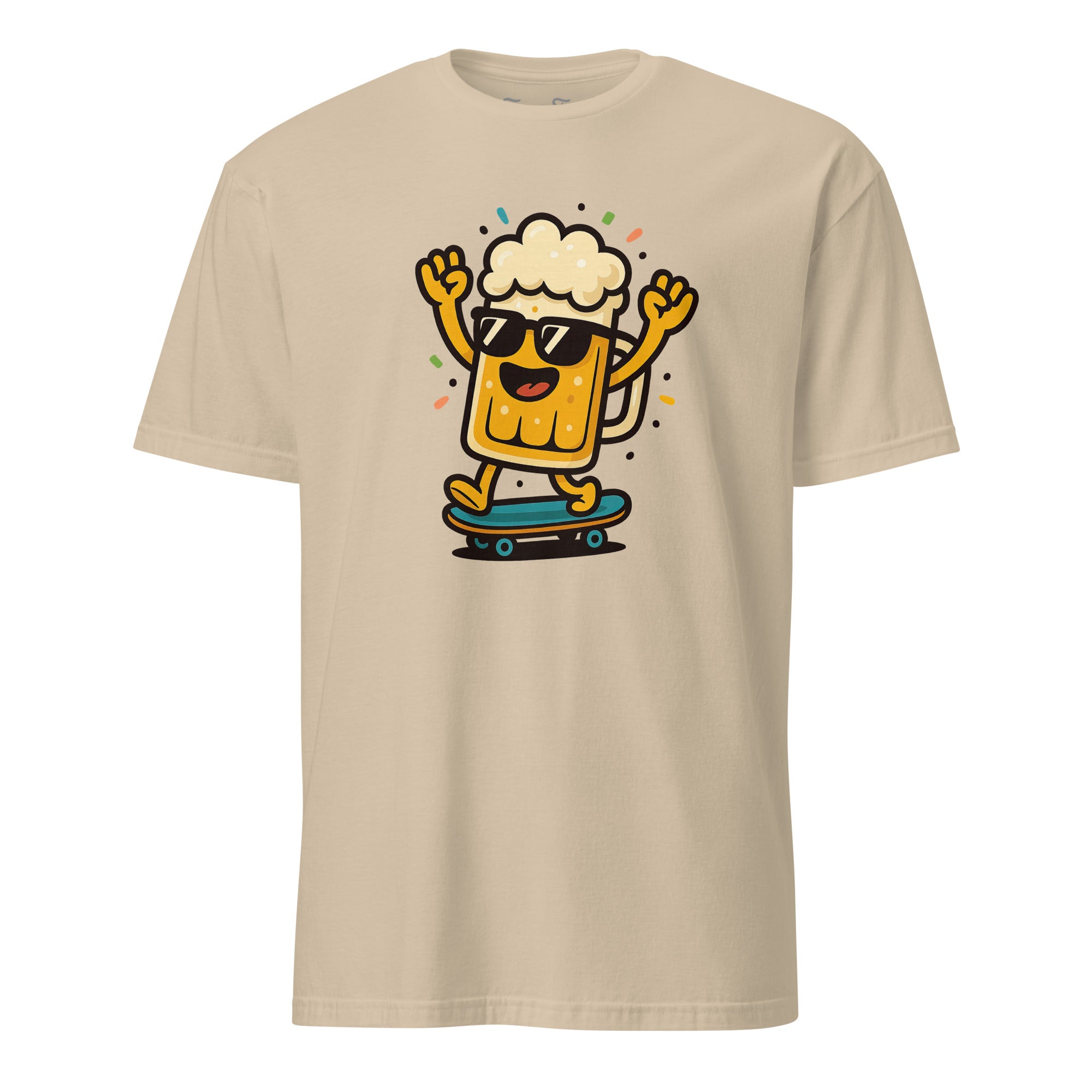 Model draagt Blije Bier T-shirt vrolijk en grappig shirt voor bierfeestjes, vrije dagen of als cadeau. Unisex model.