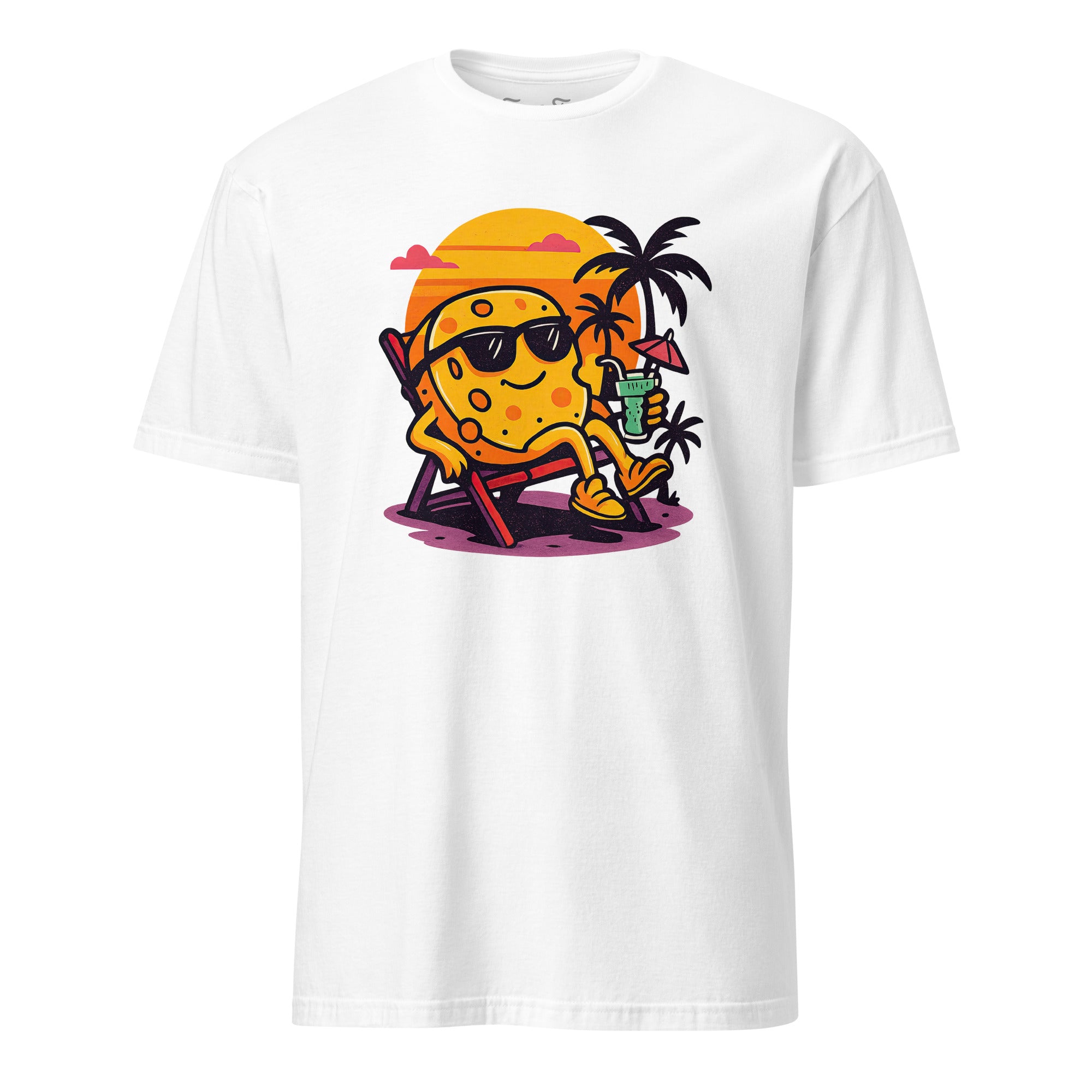 Front view of Cheese on the Beach T-shirt quirky design with cheese on a sunny beach. Perfect for cheese lovers and summer vibes. Unisex fit.