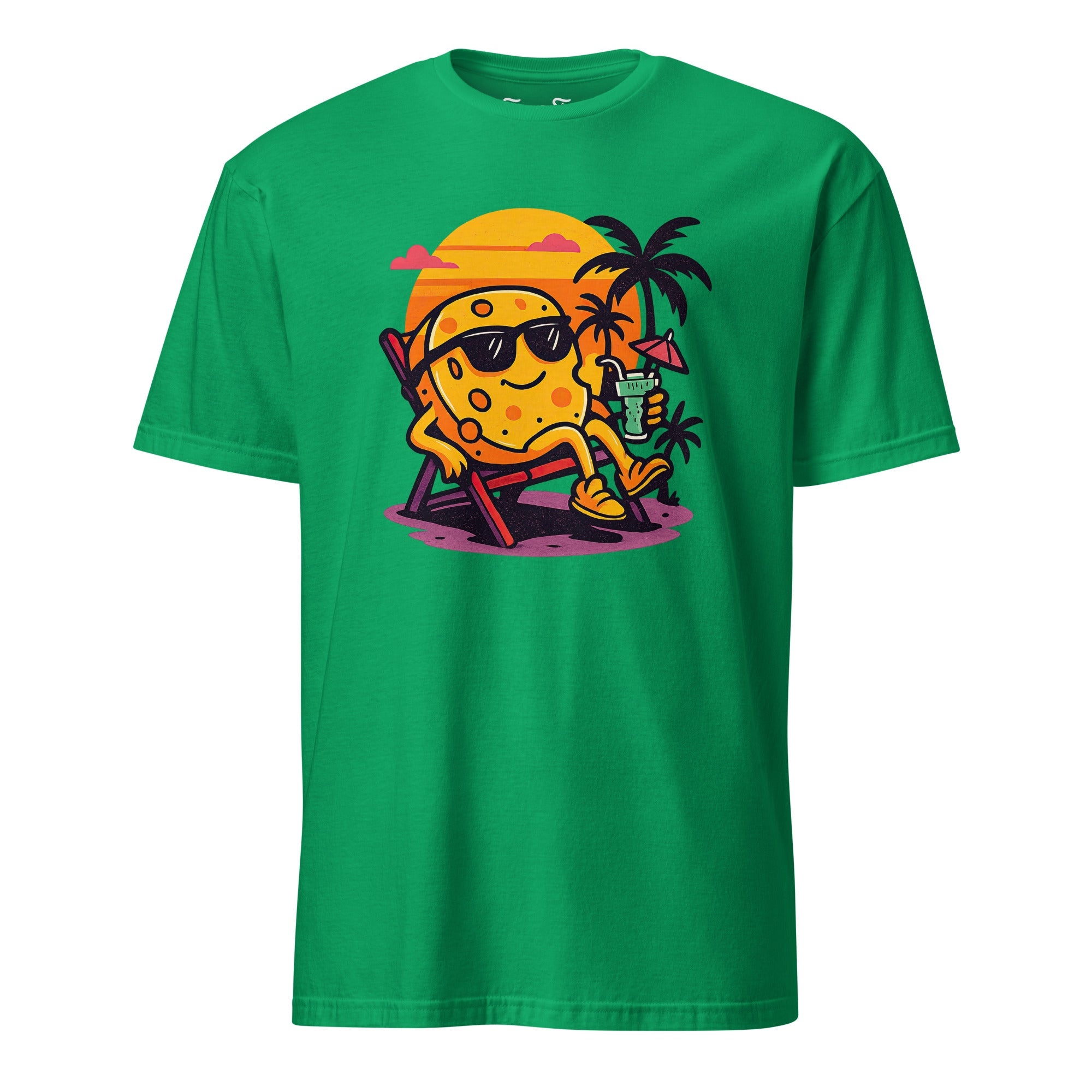 Model wearing Cheese on the Beach T-shirt playful summer streetwear for cheese lovers. Comfortable unisex fit.