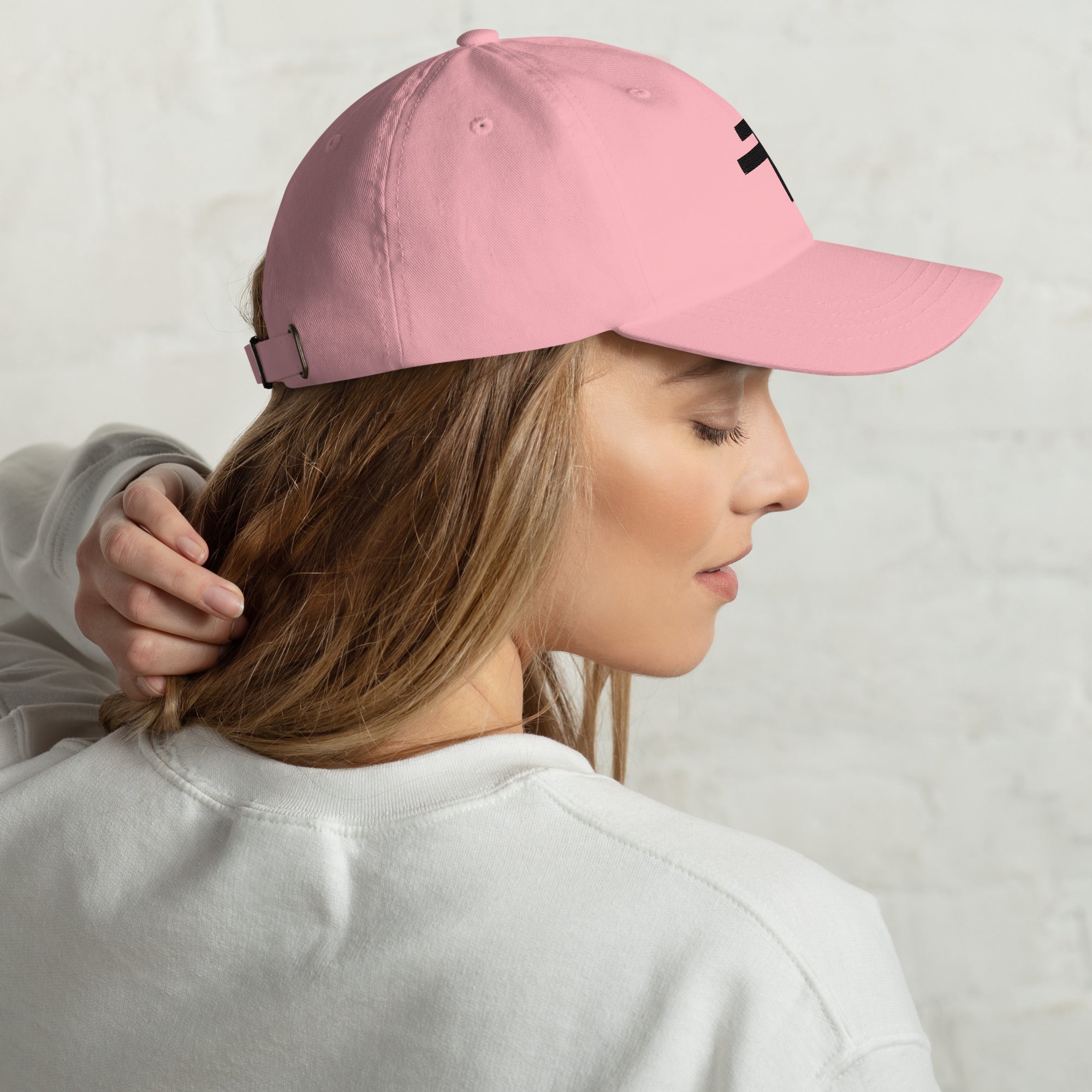 pink cap on woman model
