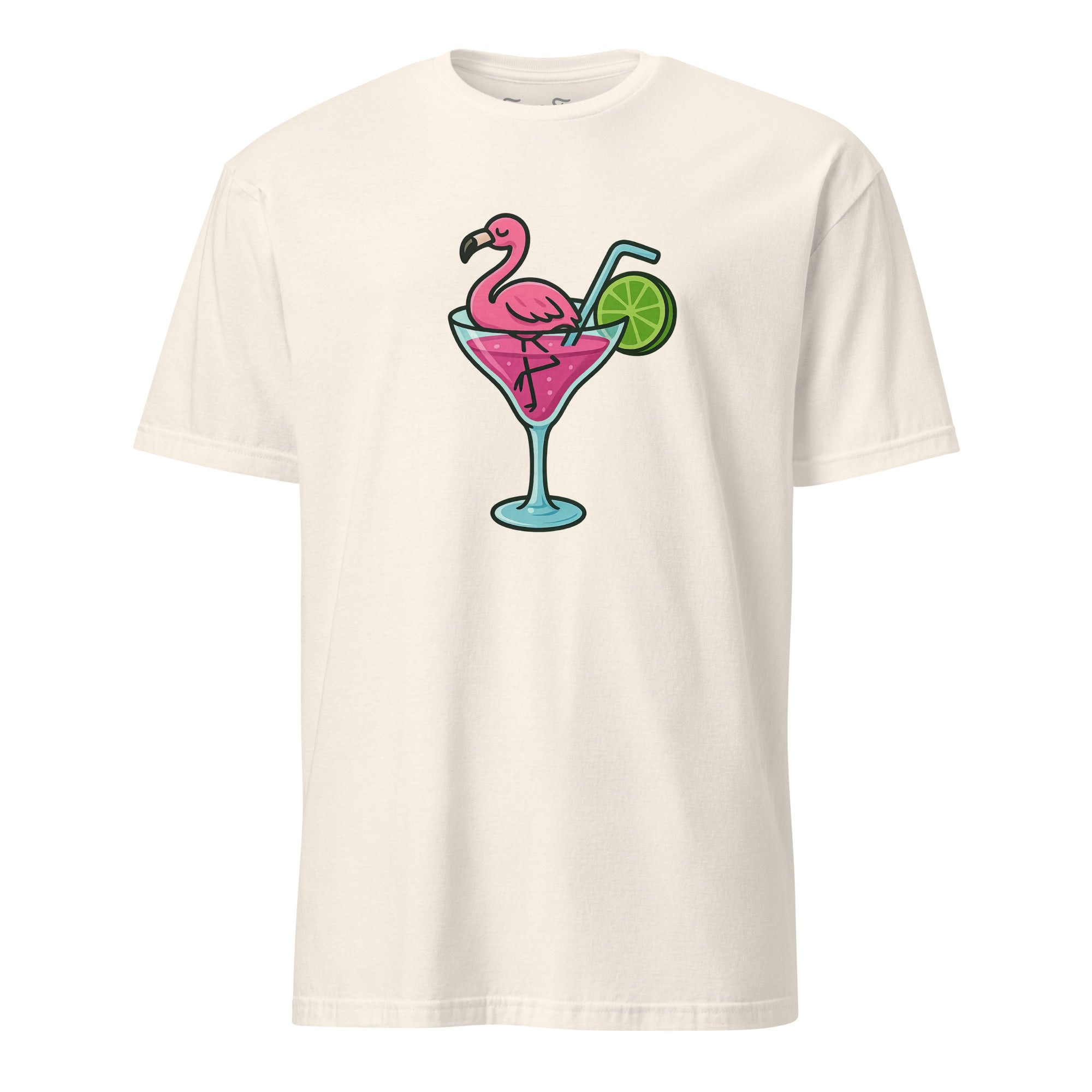 Close-up of flamingo in cocktail design colorful and quirky tropical print with playful summer energy.