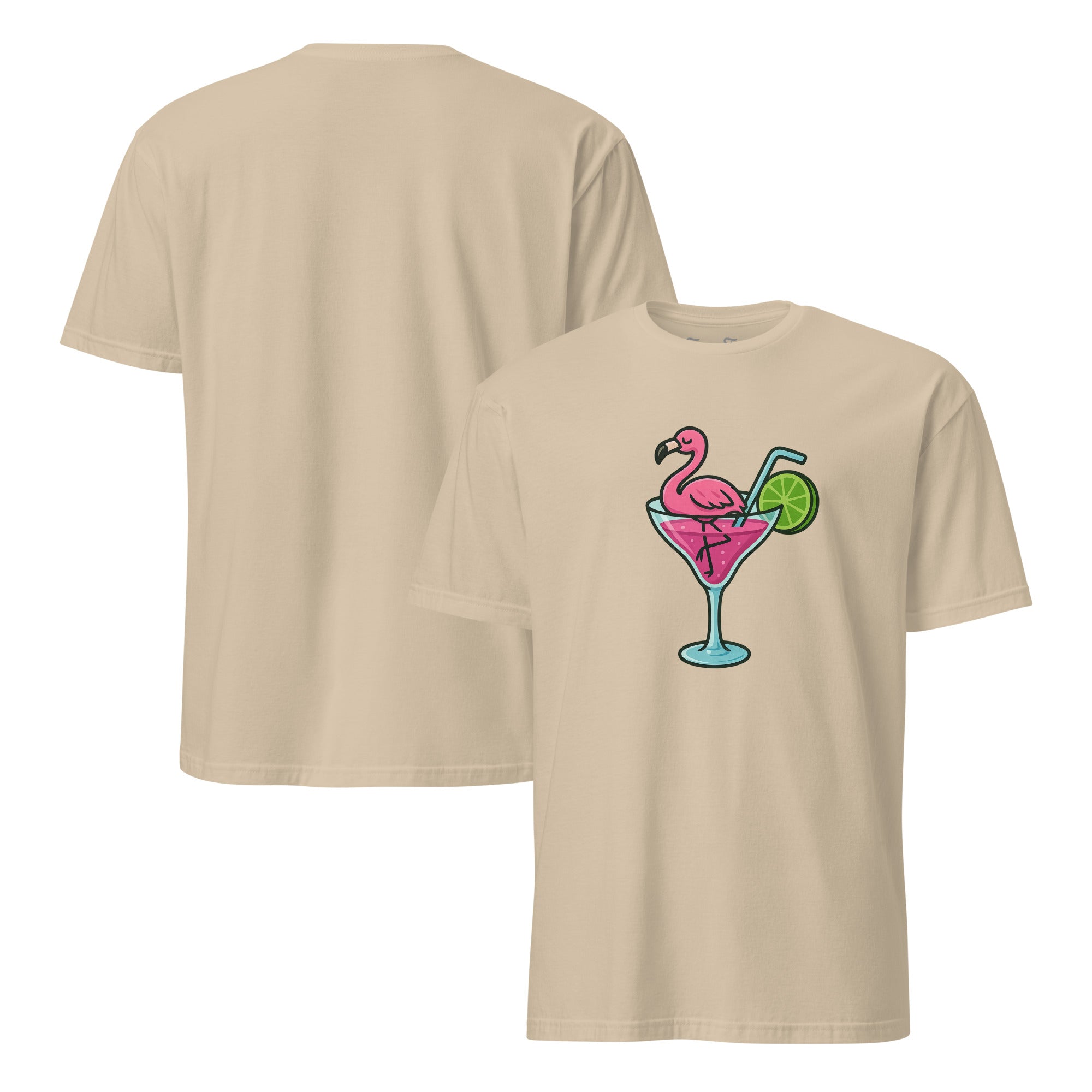 Model draagt Cocktail Flamingo T-shirt zomers shirt met tropische flamingo cocktail print. Unisex en casual.