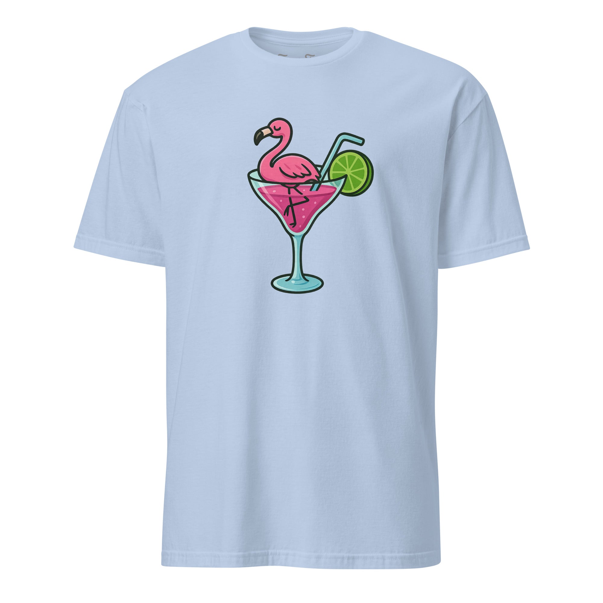 Front view of Cocktail Flamingo T-shirt fun tropical design with flamingo in a cocktail glass. Perfect for summer vibes. Unisex fit.