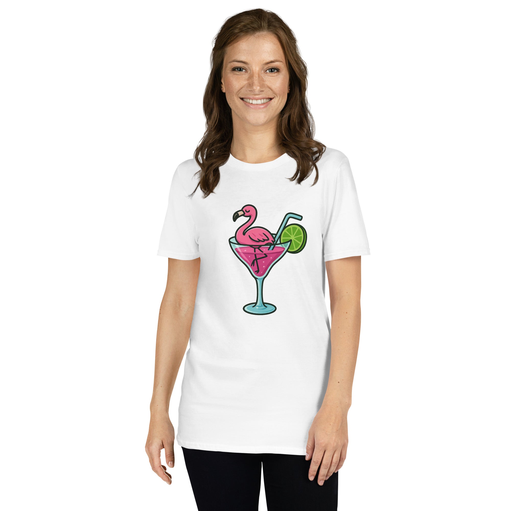 Model wearing Cocktail Flamingo T-shirt vibrant summer shirt with tropical flamingo drink design. Unisex and casual.