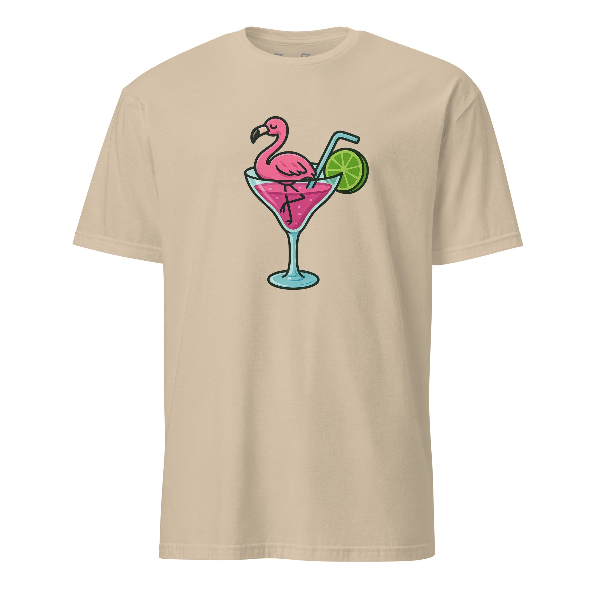 Vooraanzicht van Cocktail Flamingo T-shirt tropisch en grappig ontwerp met flamingo in een cocktailglas. Ideaal voor zomerse vibes. Unisex model.