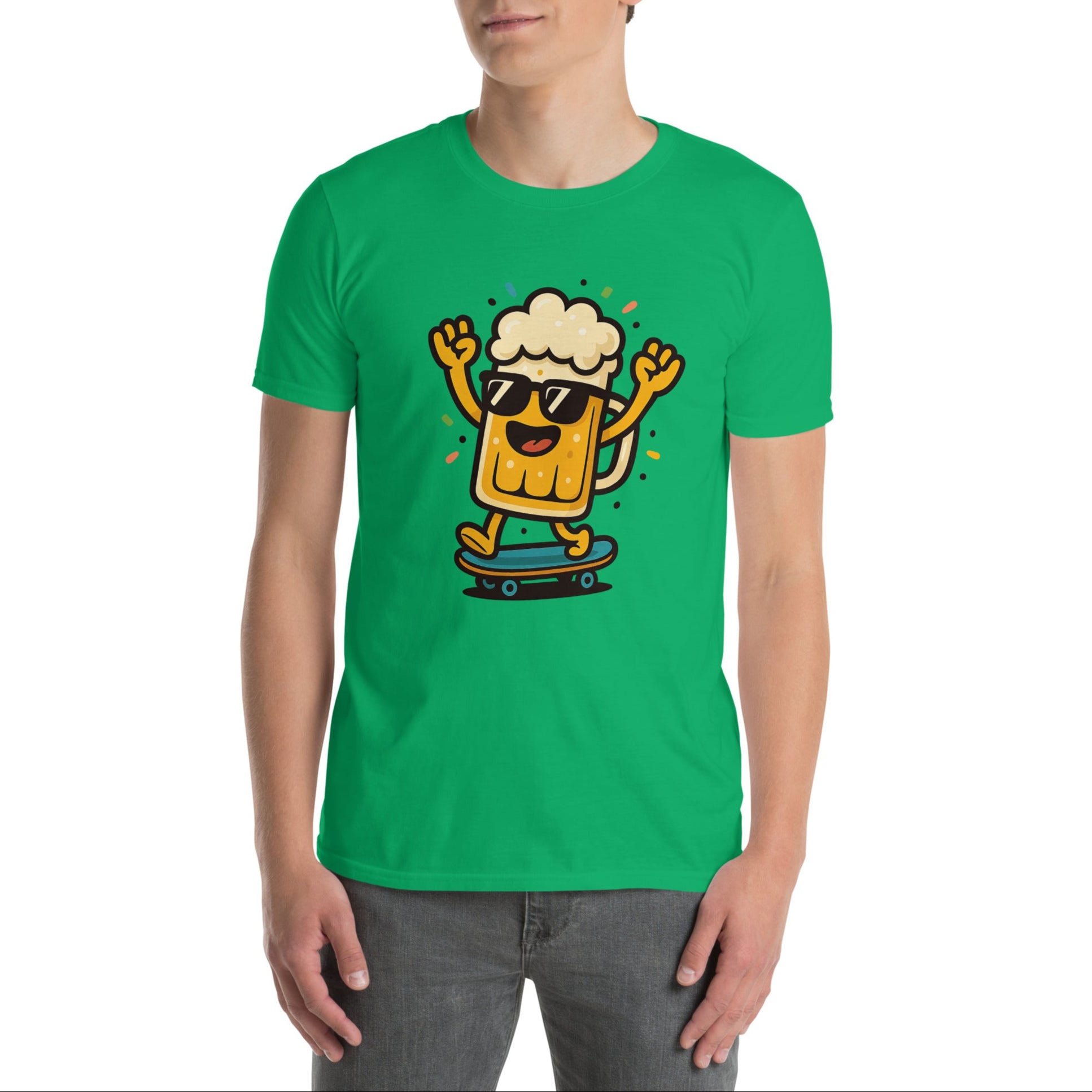 Model wearing Happy Beer T-shirt cheerful and fun tee for casual days, beer events, or gifting. Unisex fit.