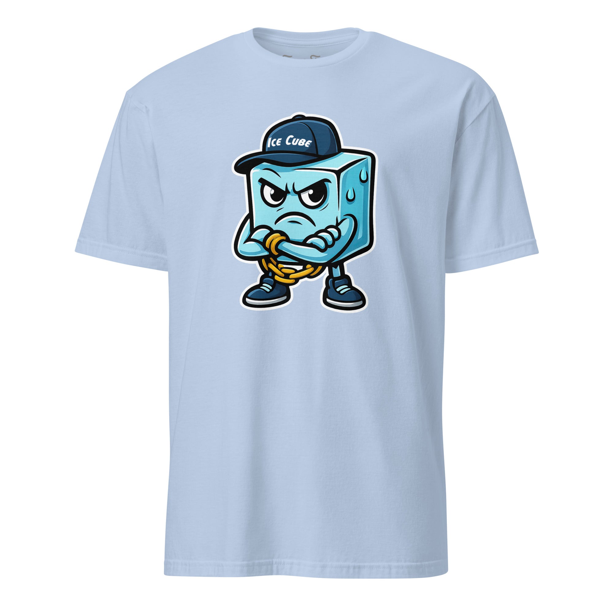 cartoon ice cube print cute icy character with a fun expression. Cool and casual.