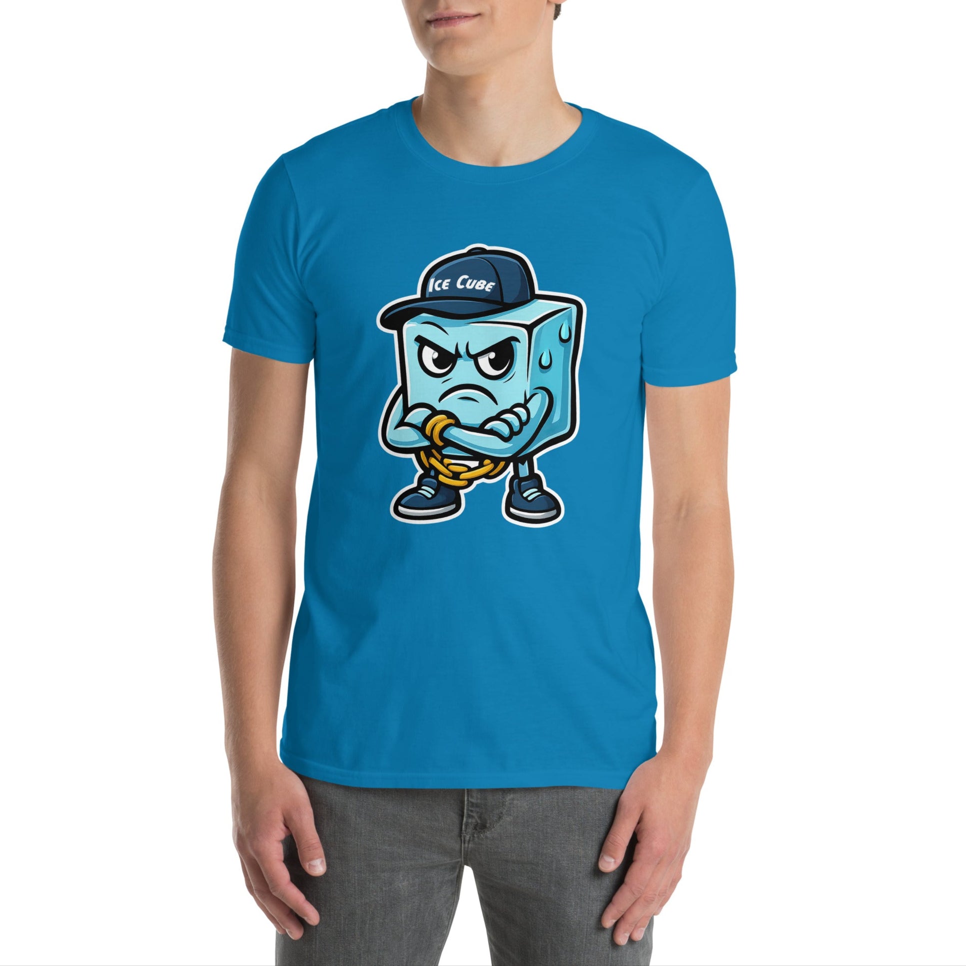 Model wearing Ice Cube T-shirt chill cartoon tee for everyday wear. Great gift for humor and cool style fans. Unisex.