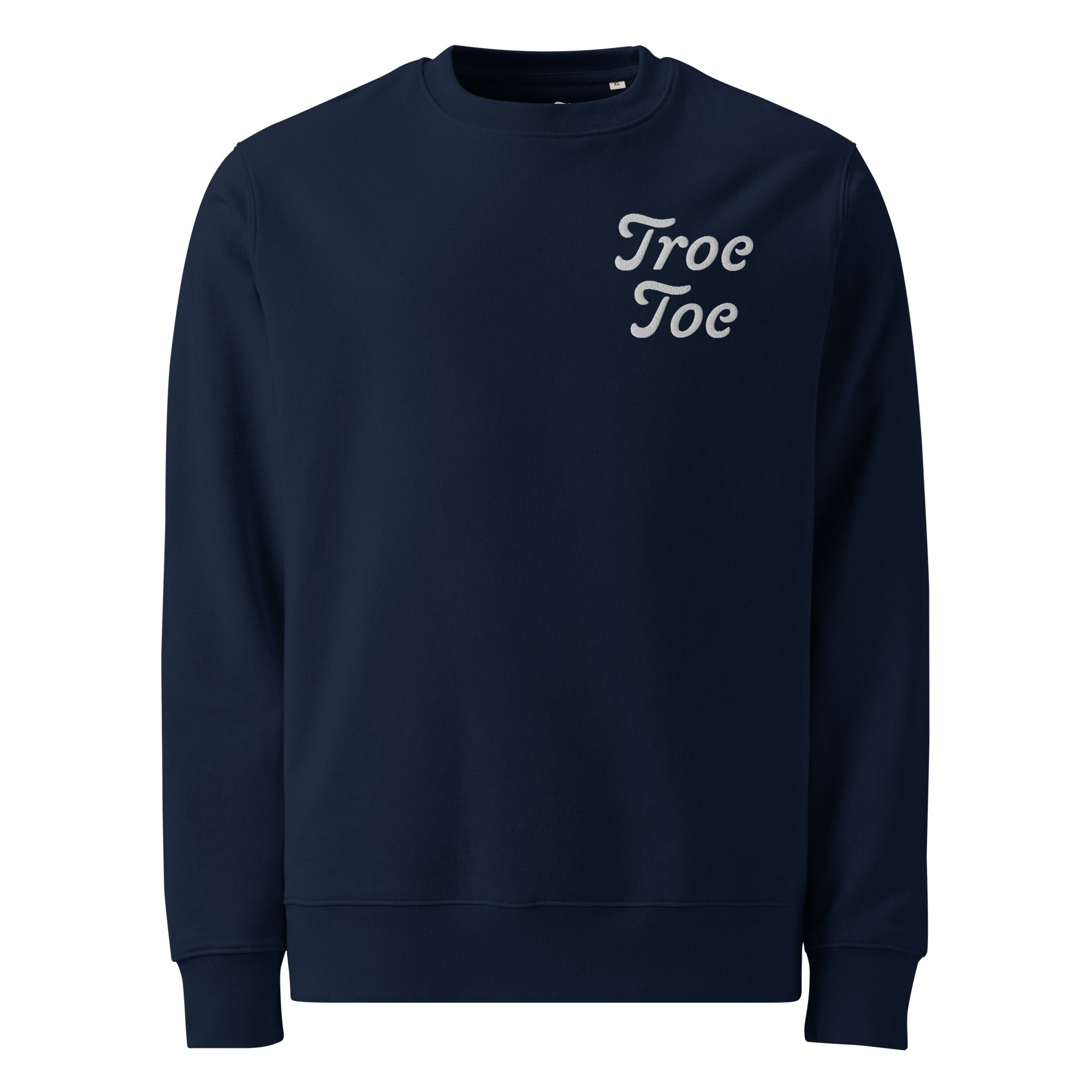 Model wearing navy organic cotton sweatshirt with embroidered logo