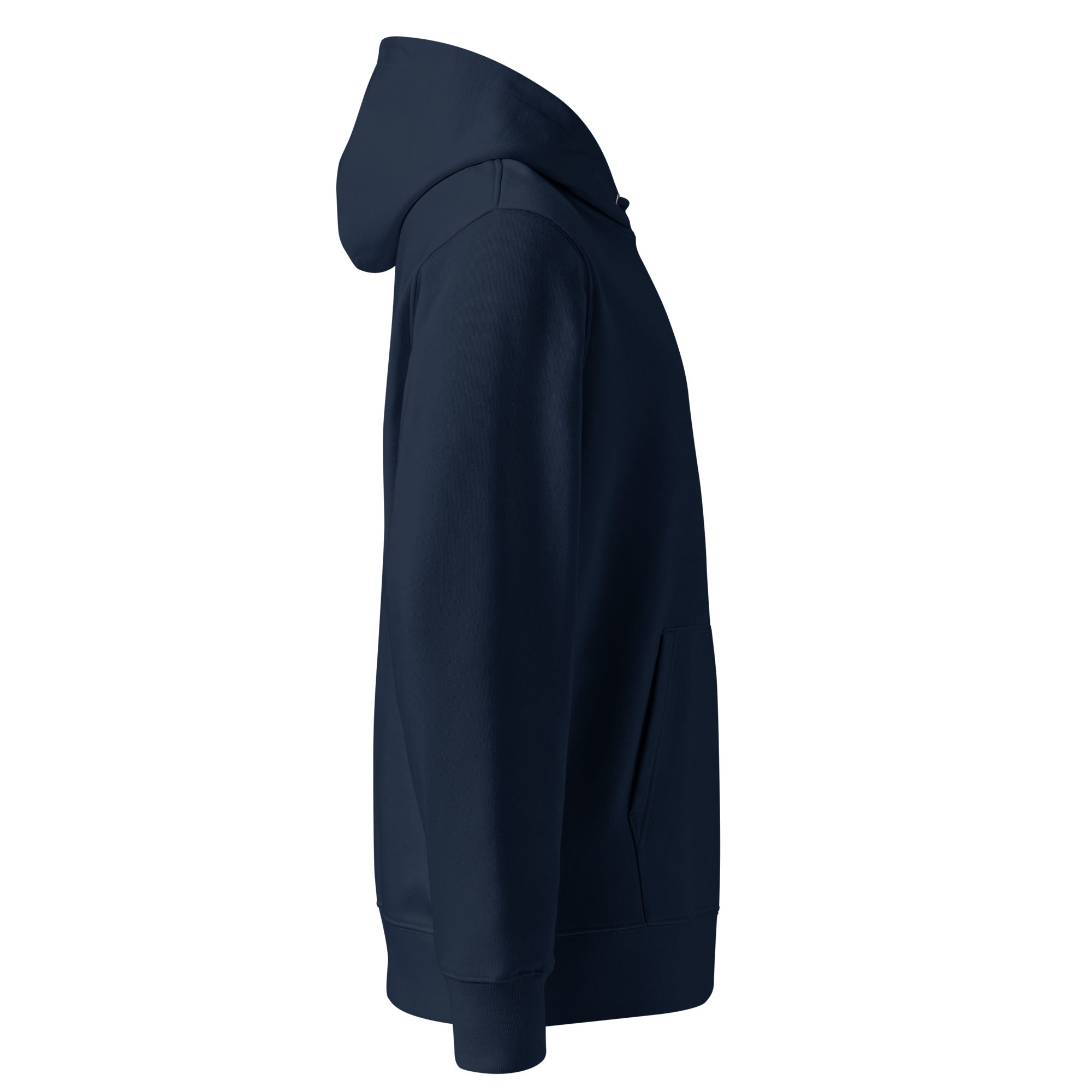 Side view of model wearing Organic Cotton Embroidered Logo Hoodie in Navy men