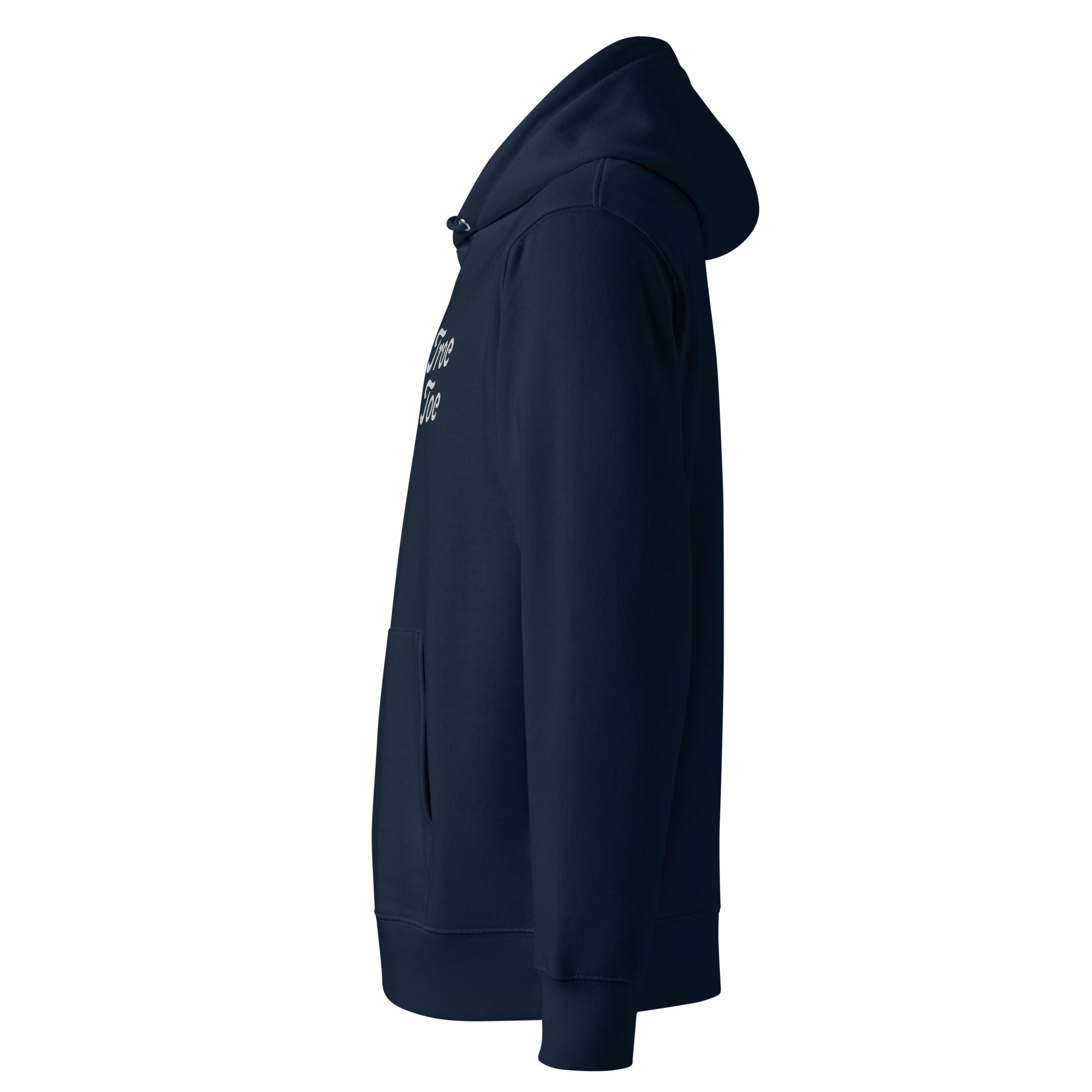 Side view of model wearing Organic Cotton Embroidered Logo Hoodie in Navy woman