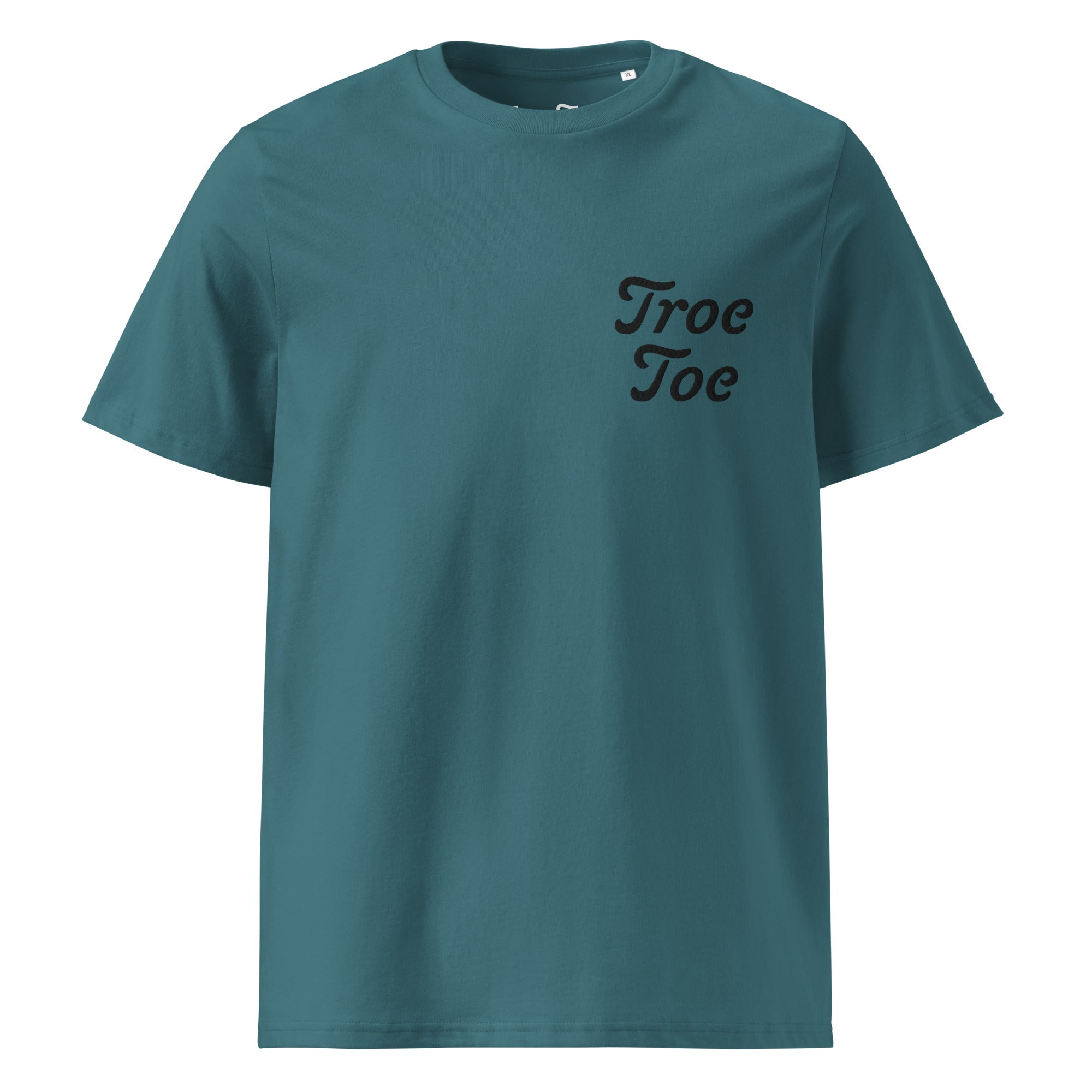 Front view of green organic cotton T-shirt with embroidered chest logo