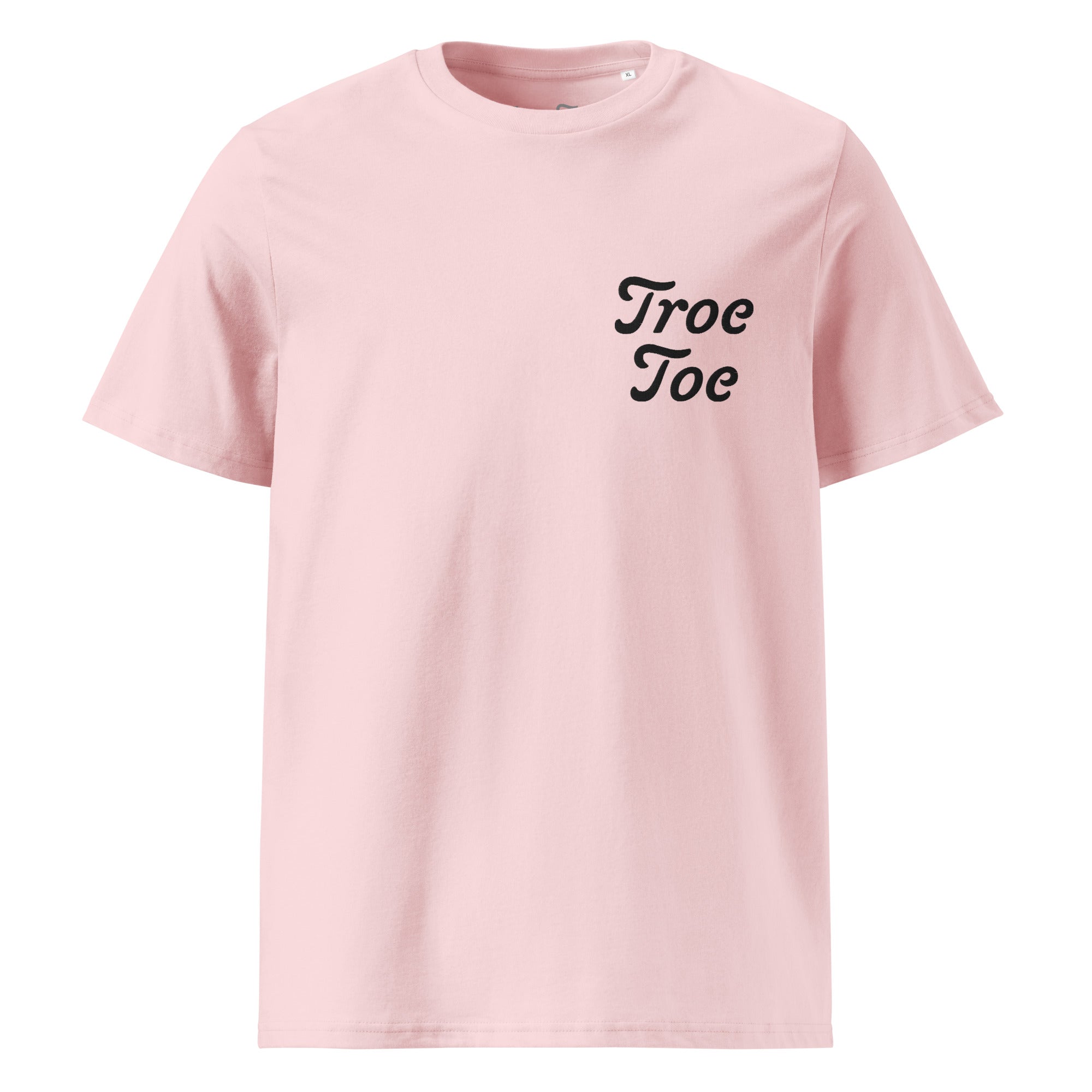 Model wearing pink organic cotton T-shirt with embroidered logo front view