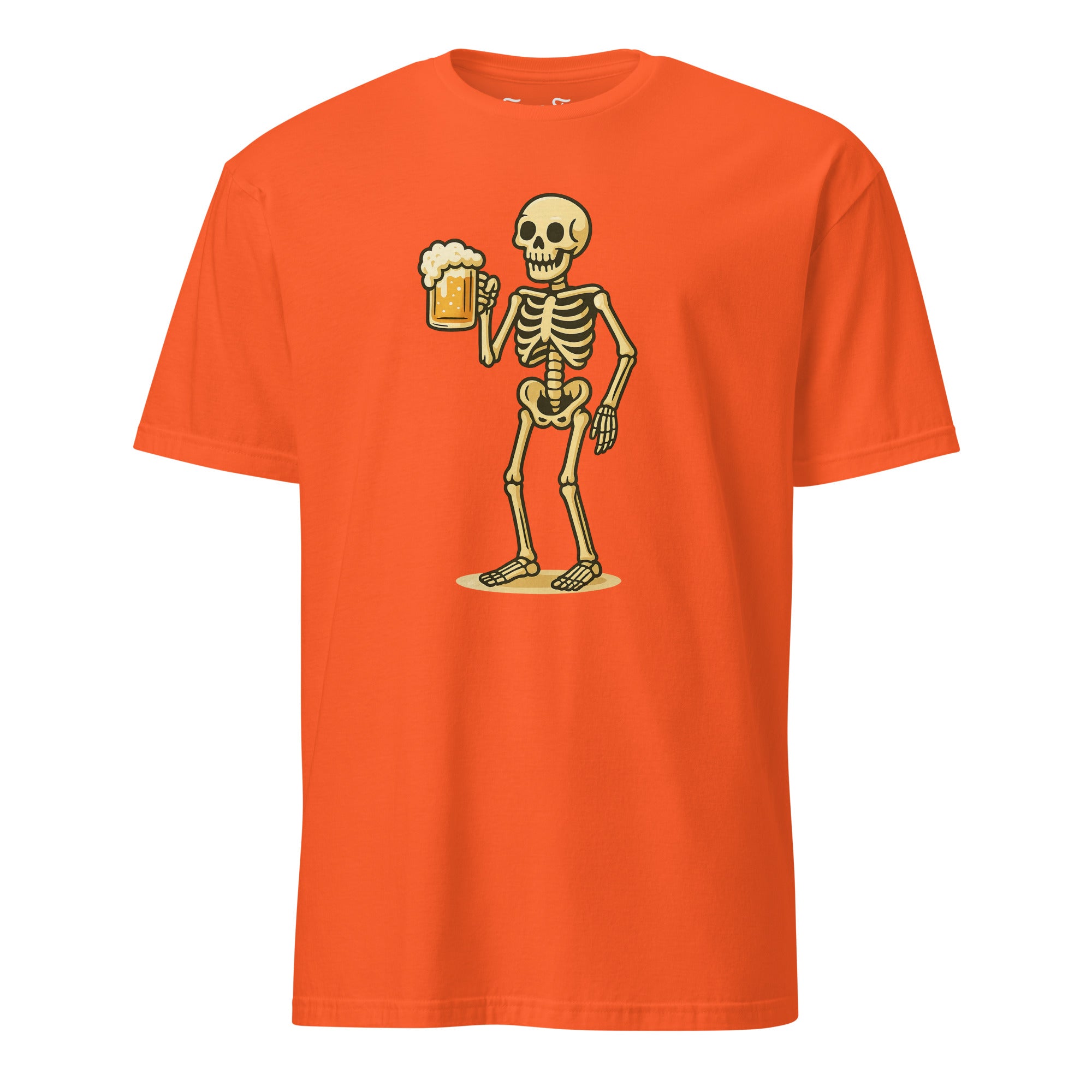 Edgy skeleton and beer T-shirt worn by model great for parties, festivals, or alternative style lovers.