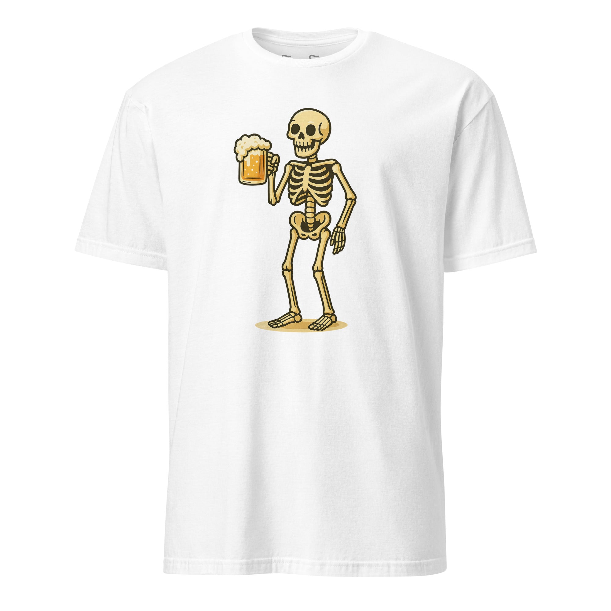 Funny skeleton drinking beer shirt bold and fun graphic tee for beer fans and rebels.