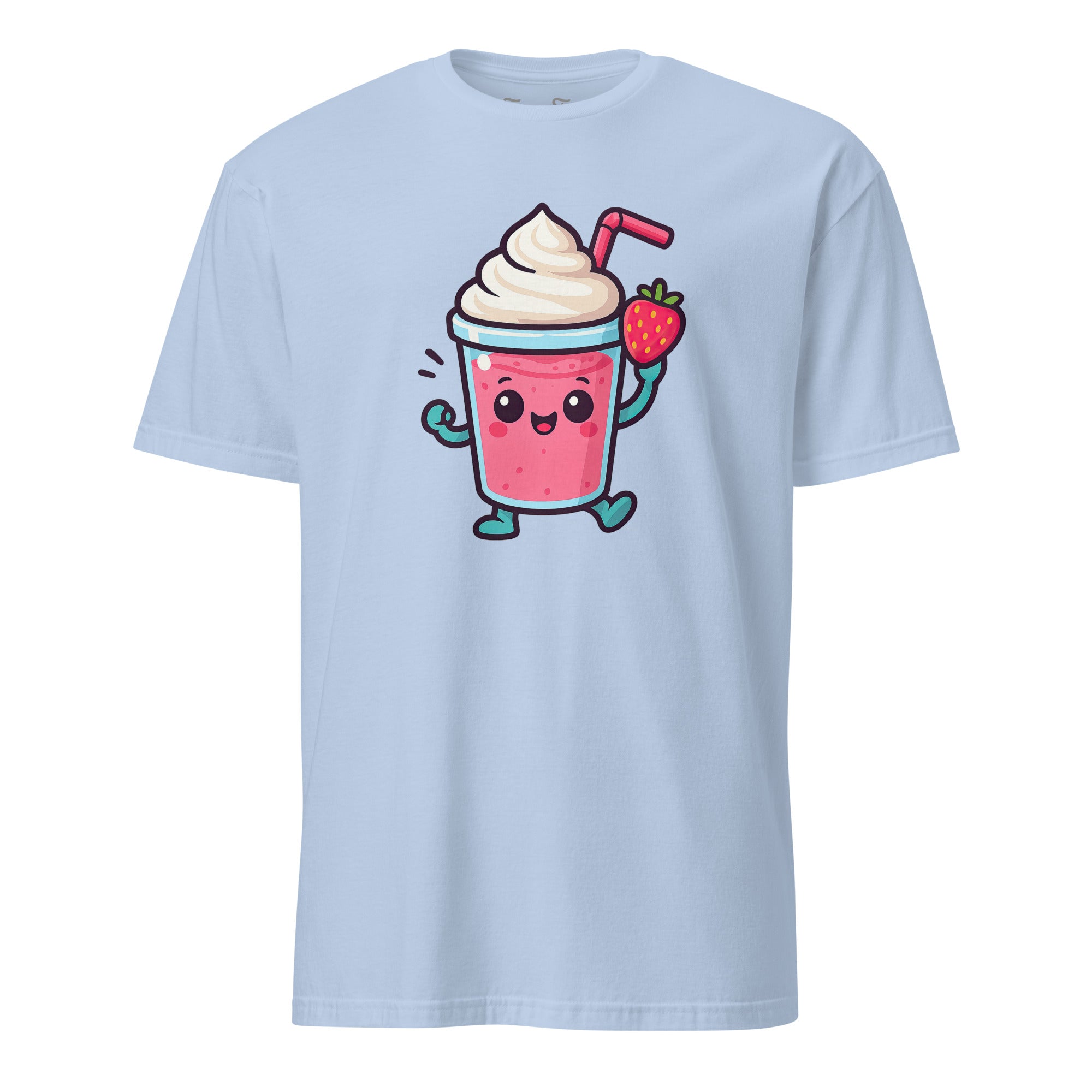 Front view of Strawberry Smoothie T-shirt cute and fruity design with smiling strawberry in a smoothie cup. Fun summer tee. Unisex fit.