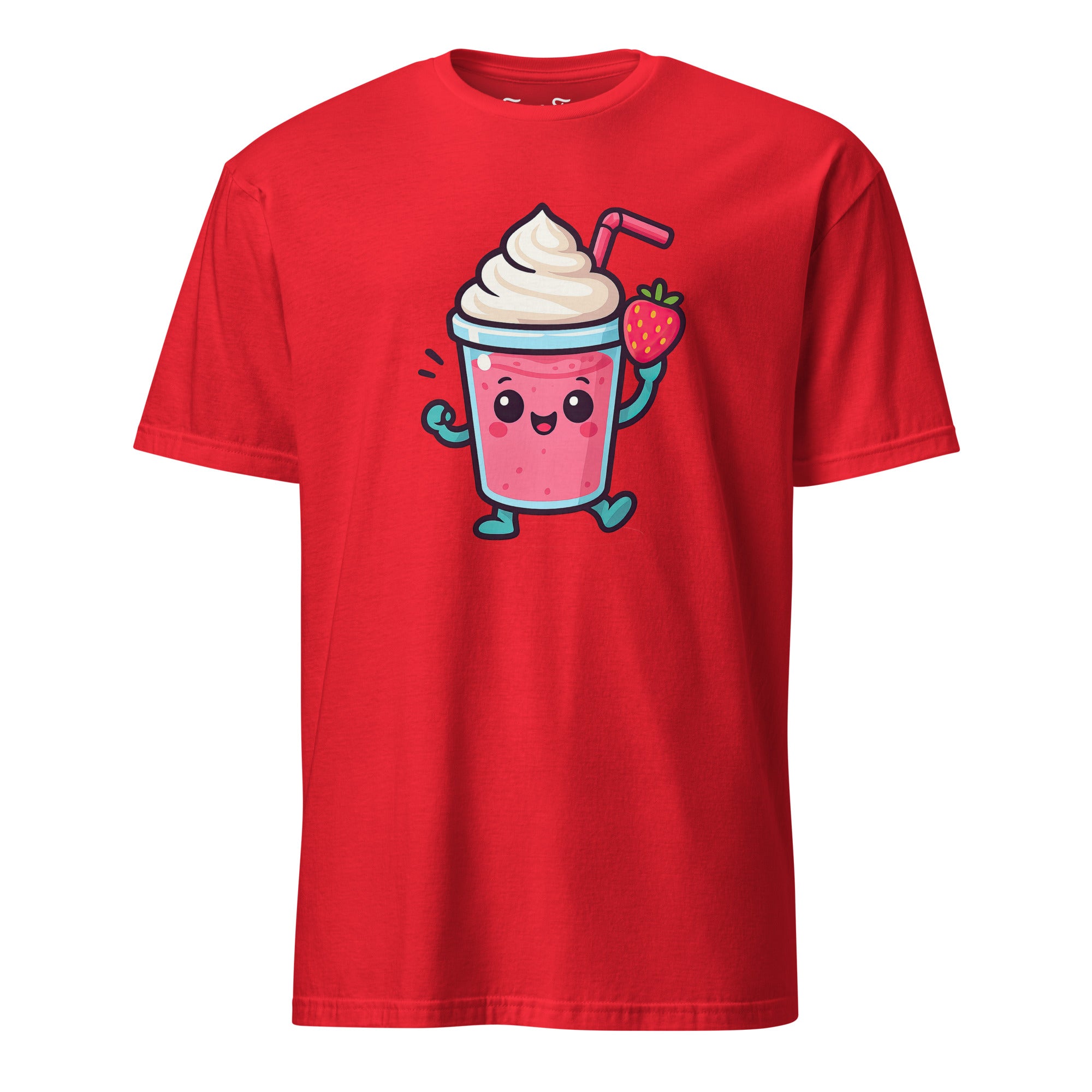 Model wearing Strawberry Smoothie T-shirt colorful and fun design for fruit fans and summer lovers.