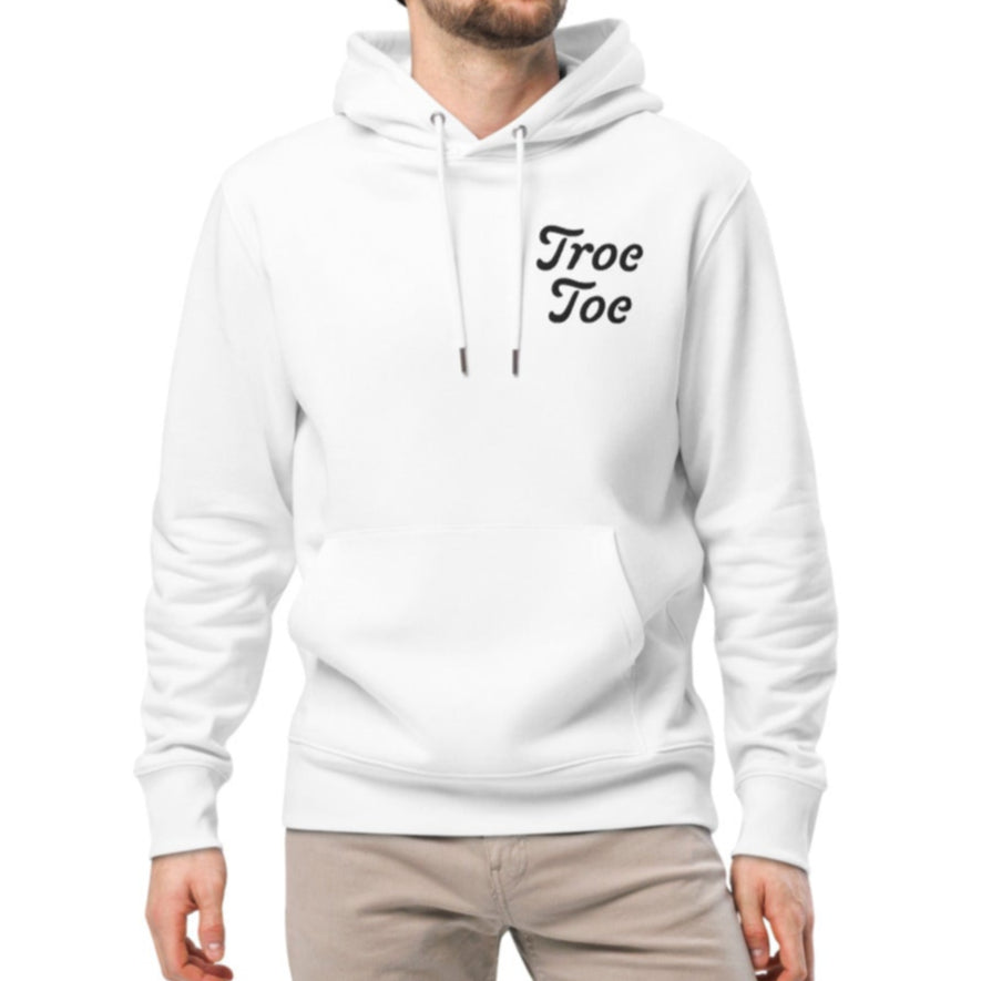 Unisex Organic Hoodie in White with Small Chest Logo, Model Front View